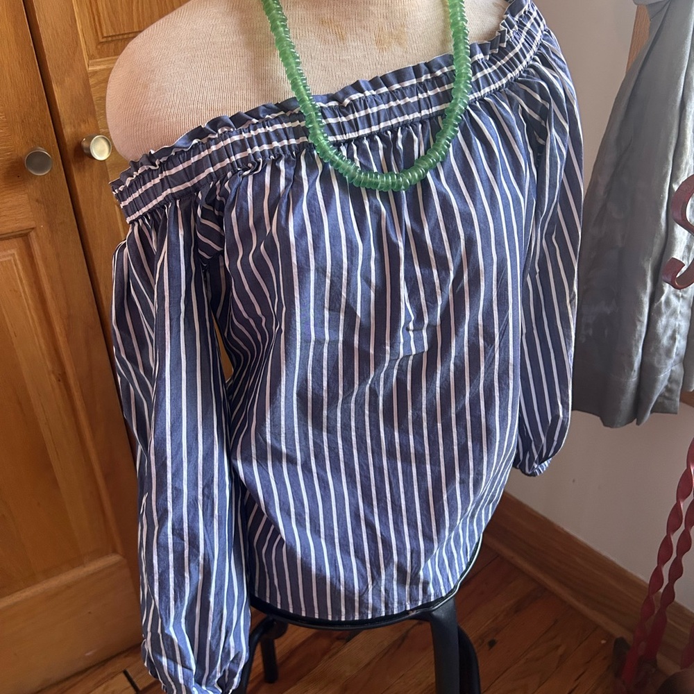 J. Crew Navy and White Striped Off Shoulder Blouse